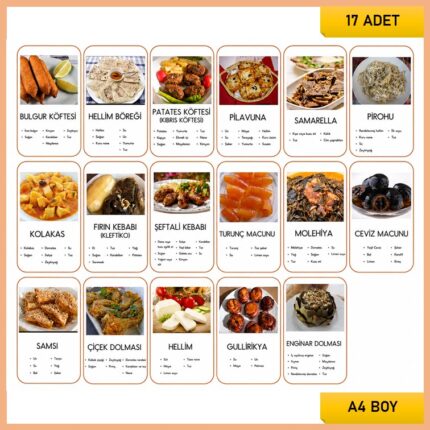 Yiyecek ve Tatlılarımız Kartları A4 Boy (17 Adet) - Malzemeli